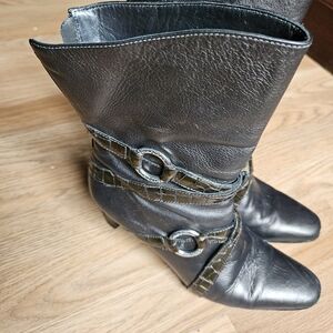 Brighton Risque Leather Metallic Heeled Ankle Boots Size 6.5